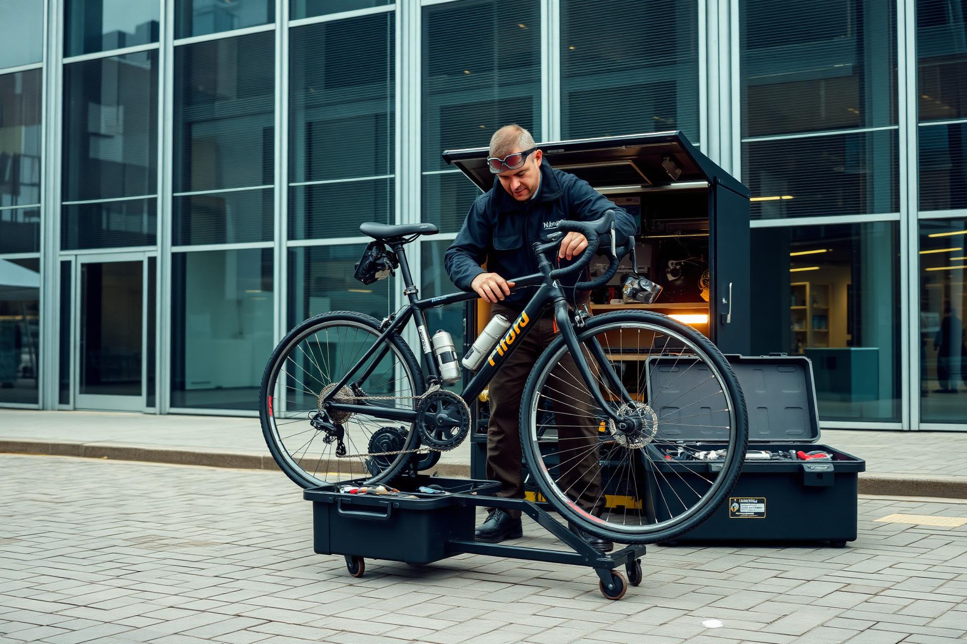 Mobil cykelverkstad utanför ett Stockholmskontor